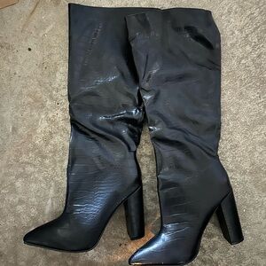 Snake Skin Black Knee-High Boots
